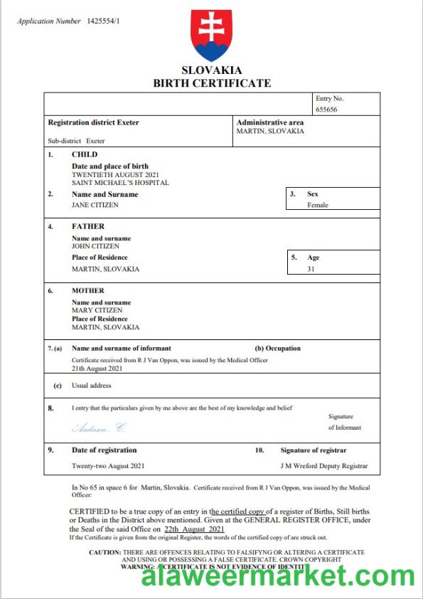 Slovakia birth certificate Word and PDF template